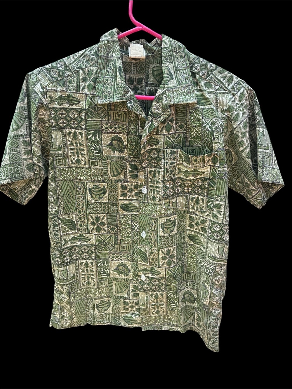 Vintage Nui Nalu Boys Hawaiian Shirt Size 16 Youth XL Green Tapa Reverse Print